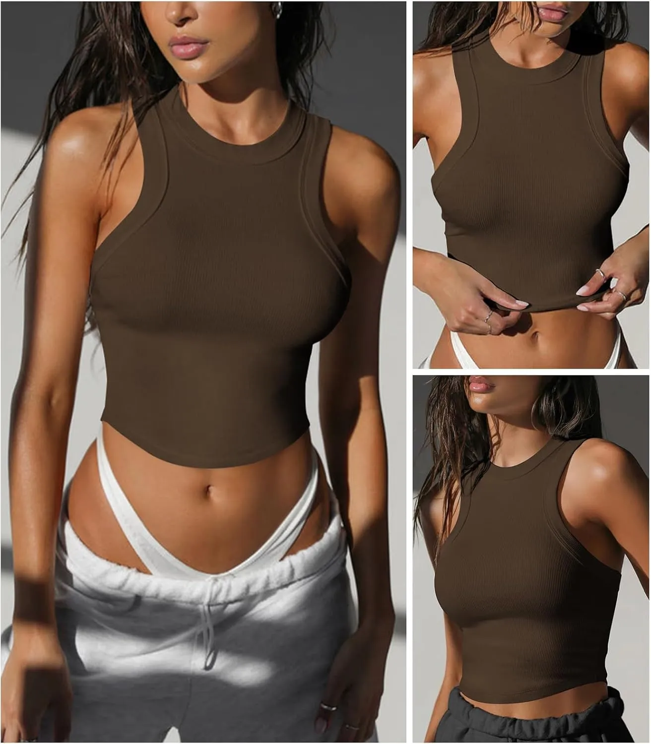 Womens High Neck Workout Racerback Tank Top, Ribbed Fitted Crop Tank Tops, Sleeveless Sexy Cropped Shirt Clothes for Yoga Gym