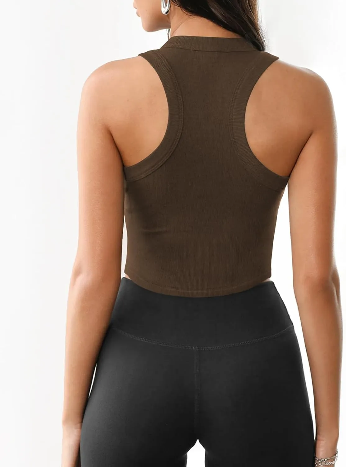Womens High Neck Workout Racerback Tank Top, Ribbed Fitted Crop Tank Tops, Sleeveless Sexy Cropped Shirt Clothes for Yoga Gym