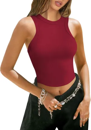 Womens High Neck Workout Racerback Tank Top, Ribbed Fitted Crop Tank Tops, Sleeveless Sexy Cropped Shirt Clothes for Yoga Gym