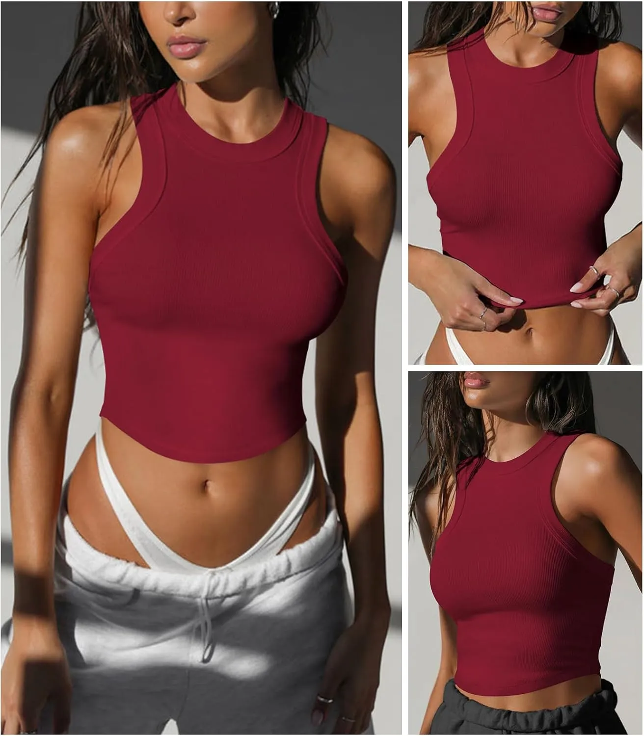 Womens High Neck Workout Racerback Tank Top, Ribbed Fitted Crop Tank Tops, Sleeveless Sexy Cropped Shirt Clothes for Yoga Gym