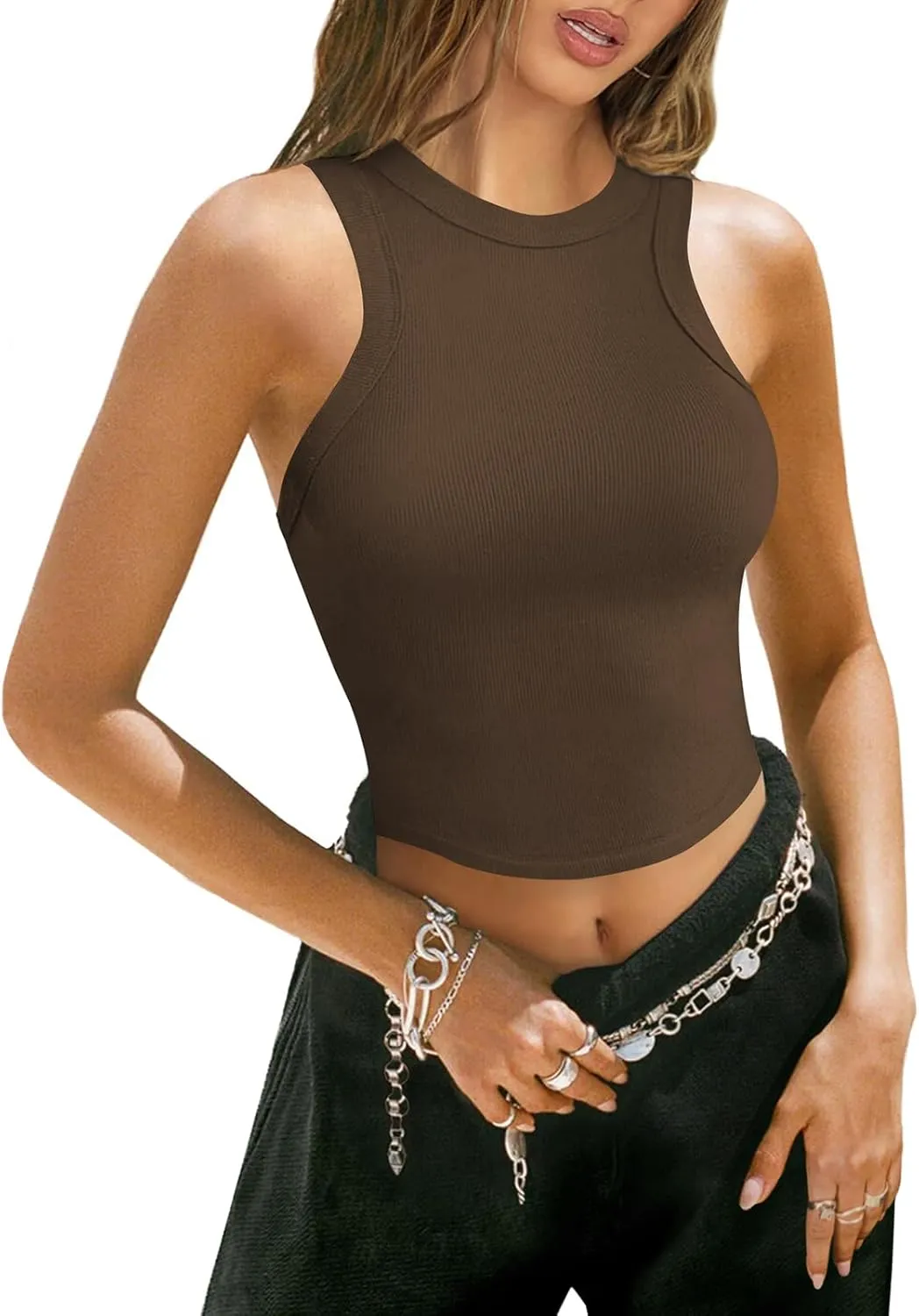 Womens High Neck Workout Racerback Tank Top, Ribbed Fitted Crop Tank Tops, Sleeveless Sexy Cropped Shirt Clothes for Yoga Gym