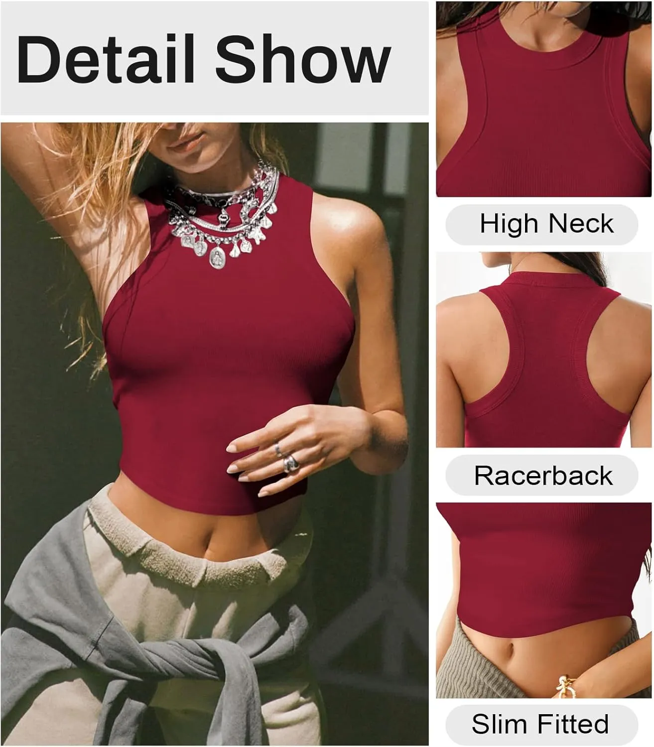 Womens High Neck Workout Racerback Tank Top, Ribbed Fitted Crop Tank Tops, Sleeveless Sexy Cropped Shirt Clothes for Yoga Gym