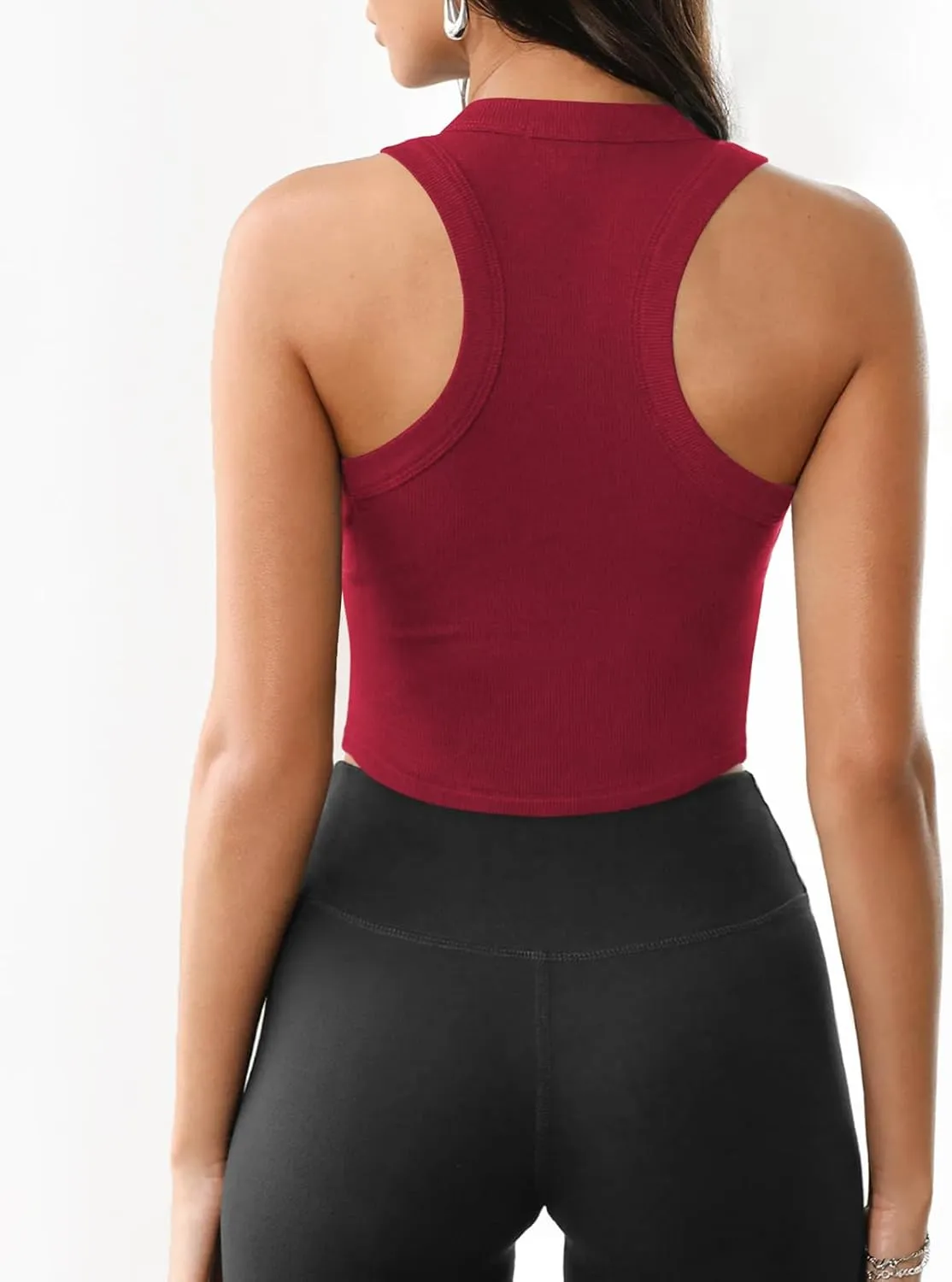 Womens High Neck Workout Racerback Tank Top, Ribbed Fitted Crop Tank Tops, Sleeveless Sexy Cropped Shirt Clothes for Yoga Gym
