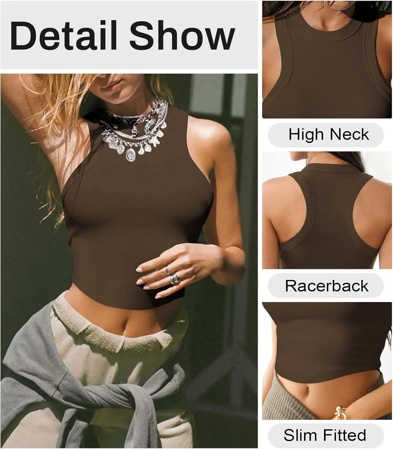Womens High Neck Workout Racerback Tank Top, Ribbed Fitted Crop Tank Tops, Sleeveless Sexy Cropped Shirt Clothes for Yoga Gym