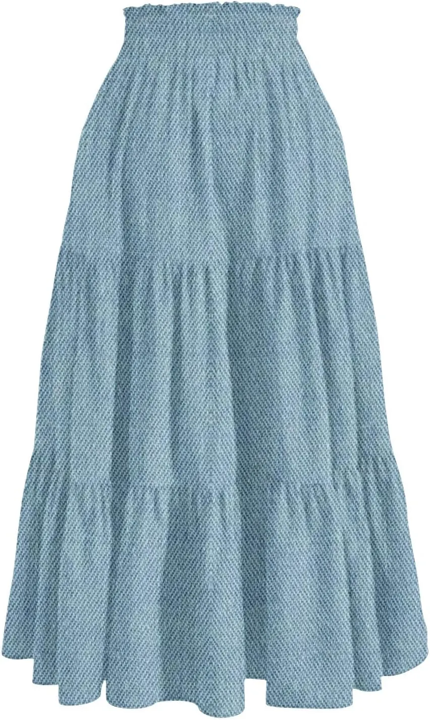 Women's High Waist Long Maxi Skirt Denim Print Flowy Boho A Line Summer Casual Beach Long Skirts