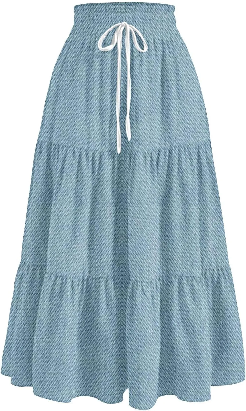 Women's High Waist Long Maxi Skirt Denim Print Flowy Boho A Line Summer Casual Beach Long Skirts