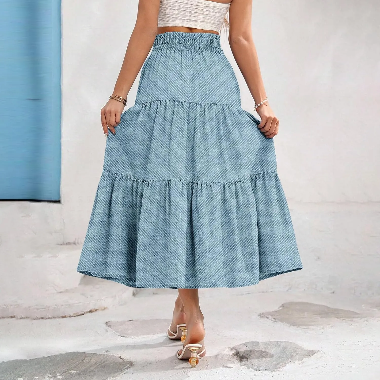 Women's High Waist Long Maxi Skirt Denim Print Flowy Boho A Line Summer Casual Beach Long Skirts