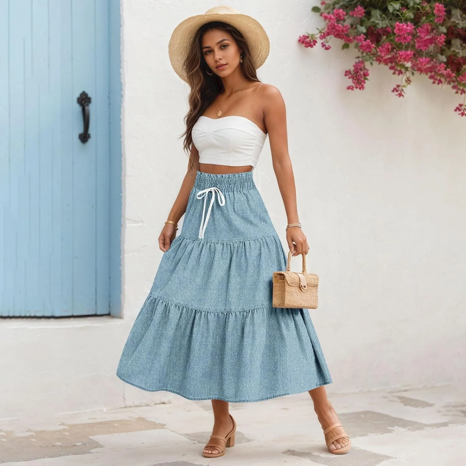 Women's High Waist Long Maxi Skirt Denim Print Flowy Boho A Line Summer Casual Beach Long Skirts