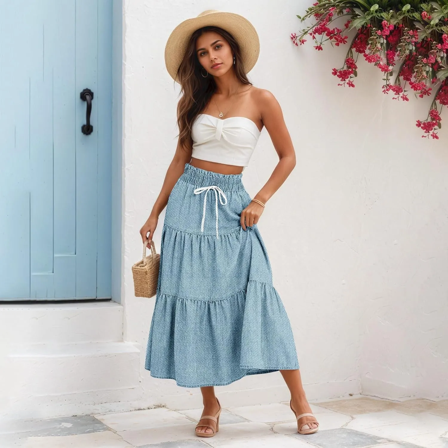 Women's High Waist Long Maxi Skirt Denim Print Flowy Boho A Line Summer Casual Beach Long Skirts