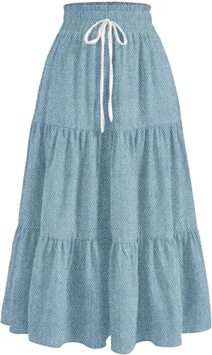 Women's High Waist Long Maxi Skirt Denim Print Flowy Boho A Line Summer Casual Beach Long Skirts