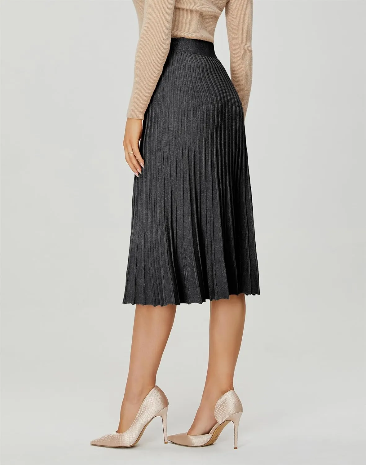 Women's Knit Maxi Pleated Skirts, High Waist Elastic A Line Long Skirt for Fall Winter