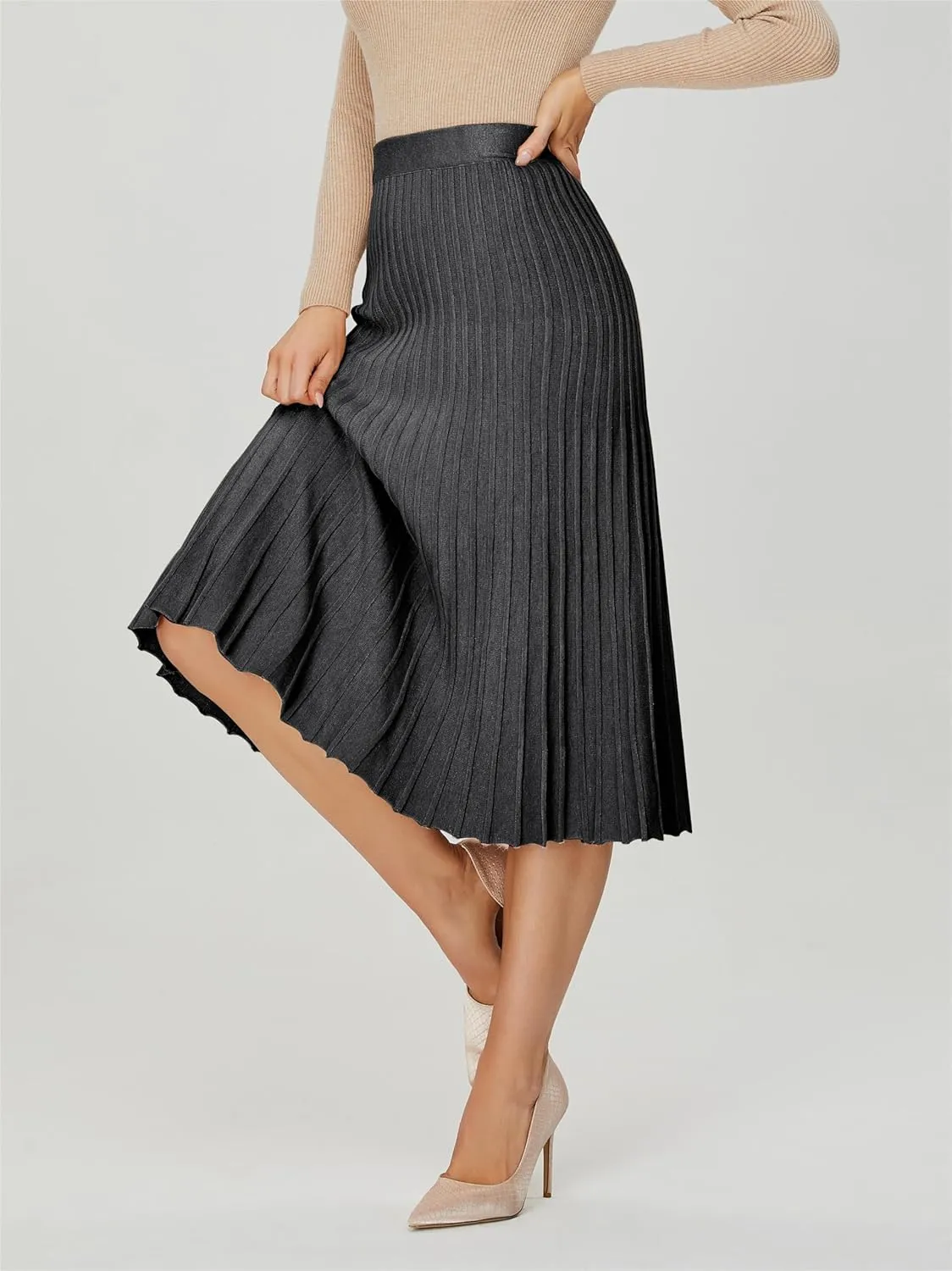 Women's Knit Maxi Pleated Skirts, High Waist Elastic A Line Long Skirt for Fall Winter