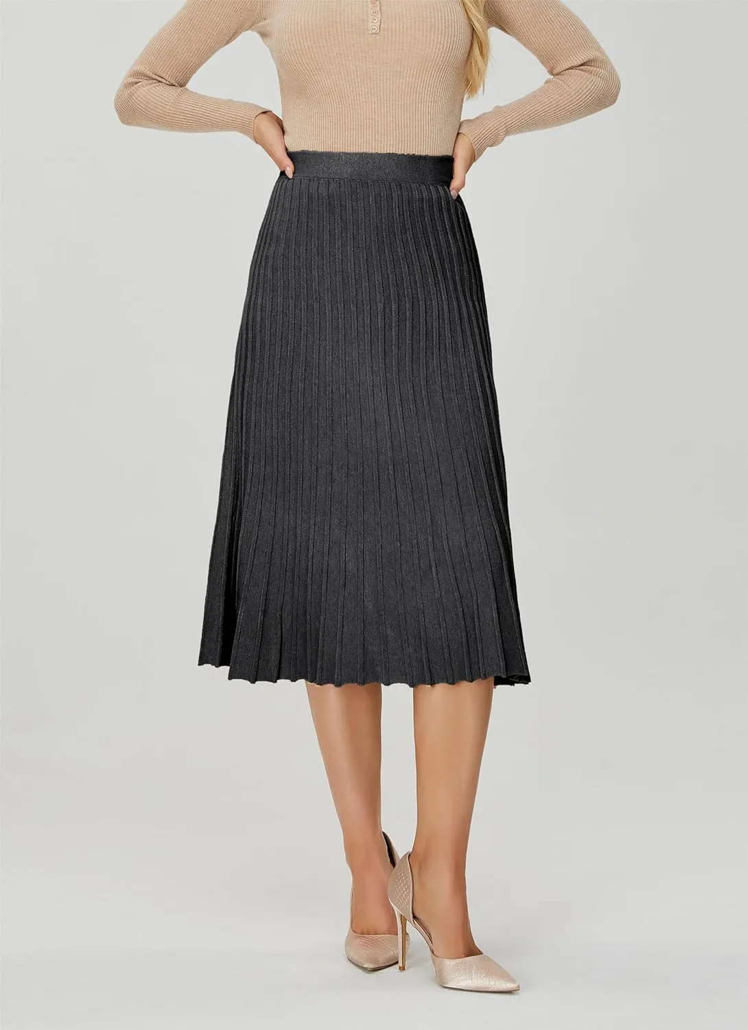 Women's Knit Maxi Pleated Skirts, High Waist Elastic A Line Long Skirt for Fall Winter