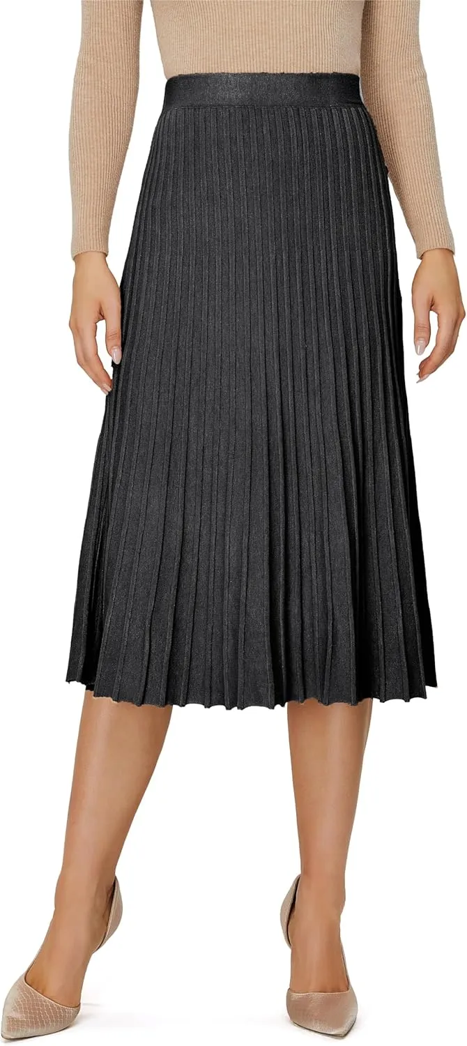 Women's Knit Maxi Pleated Skirts, High Waist Elastic A Line Long Skirt for Fall Winter