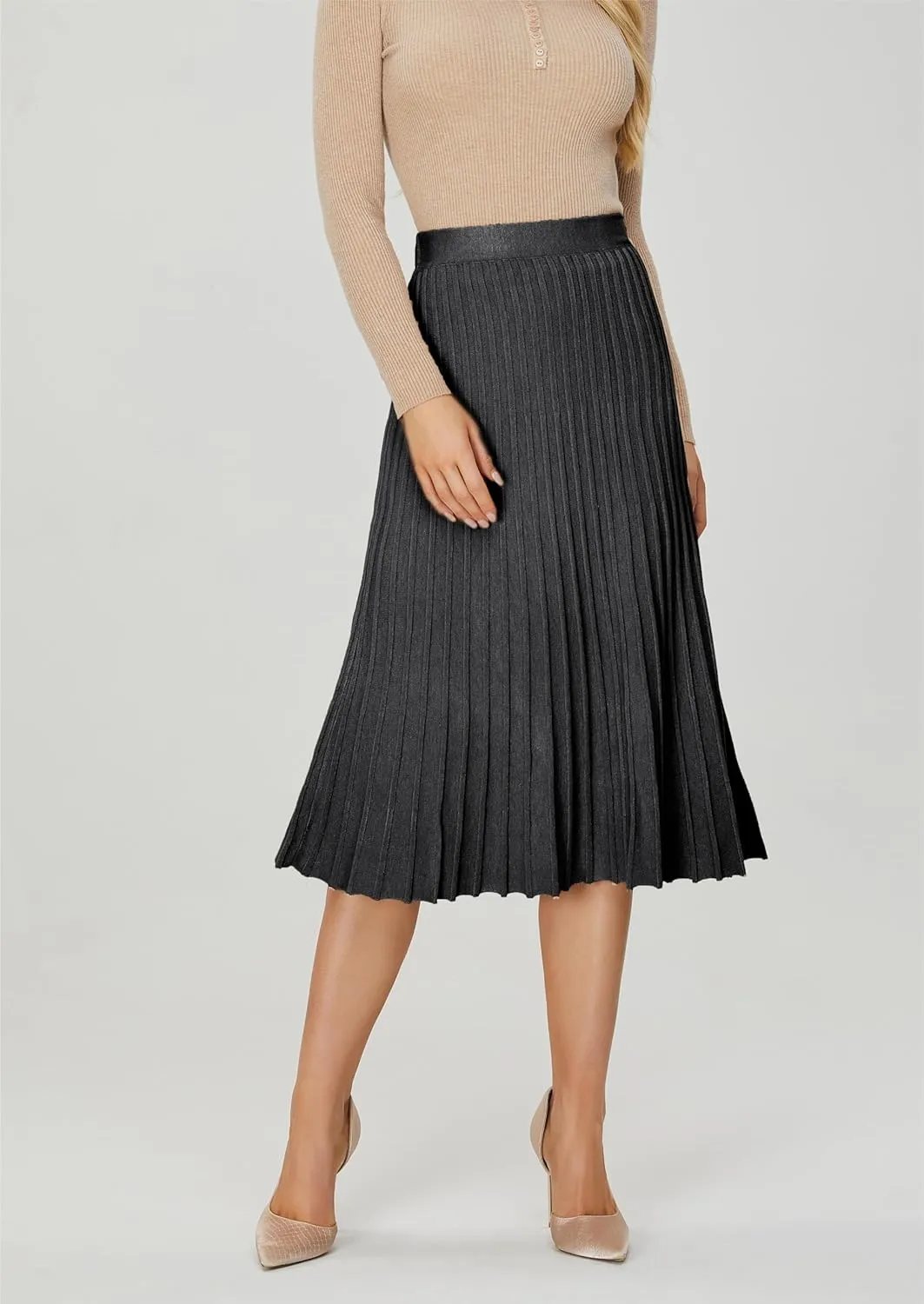 Women's Knit Maxi Pleated Skirts, High Waist Elastic A Line Long Skirt for Fall Winter