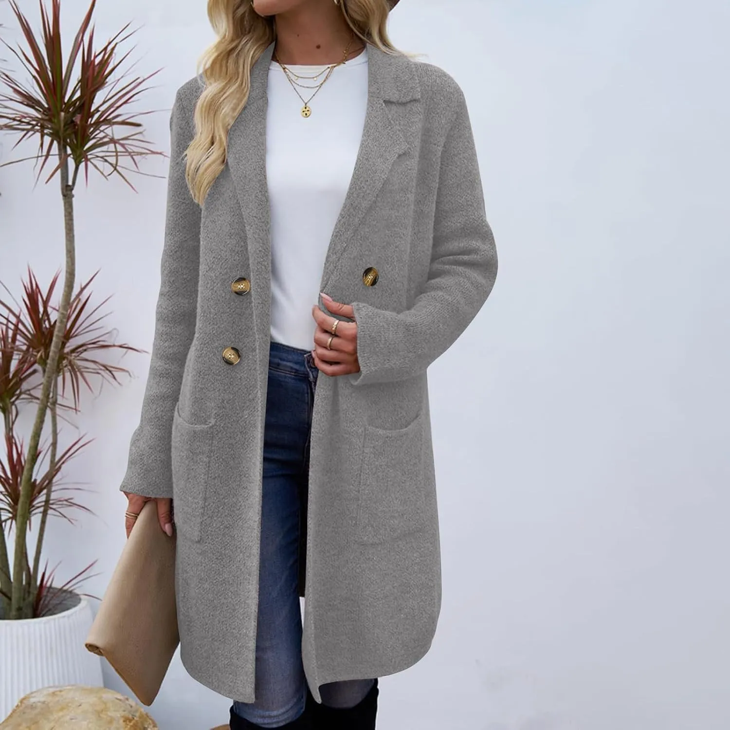Womens Light Weight Wool Blend Coat Wool Double Breasted Pea Coats Notch Lapel Trench Coat Trendy Long Winter Coats