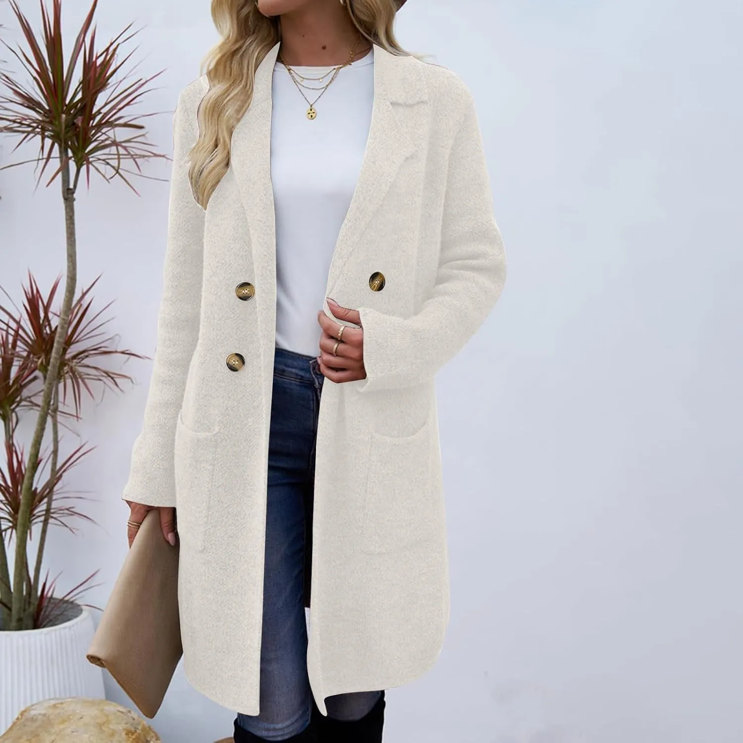 Womens Light Weight Wool Blend Coat Wool Double Breasted Pea Coats Notch Lapel Trench Coat Trendy Long Winter Coats