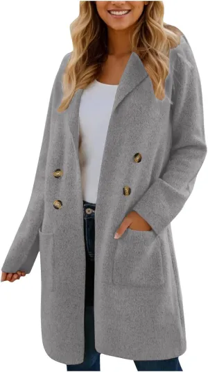 Womens Light Weight Wool Blend Coat Wool Double Breasted Pea Coats Notch Lapel Trench Coat Trendy Long Winter Coats