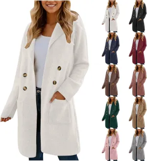 Womens Light Weight Wool Blend Coat Wool Double Breasted Pea Coats Notch Lapel Trench Coat Trendy Long Winter Coats