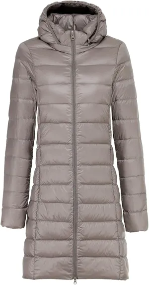Womens Lightweight Long Puffer Jacket Water-Resistant Winter Coat Packable Hooded Long Padded Down Ccoat Outwear