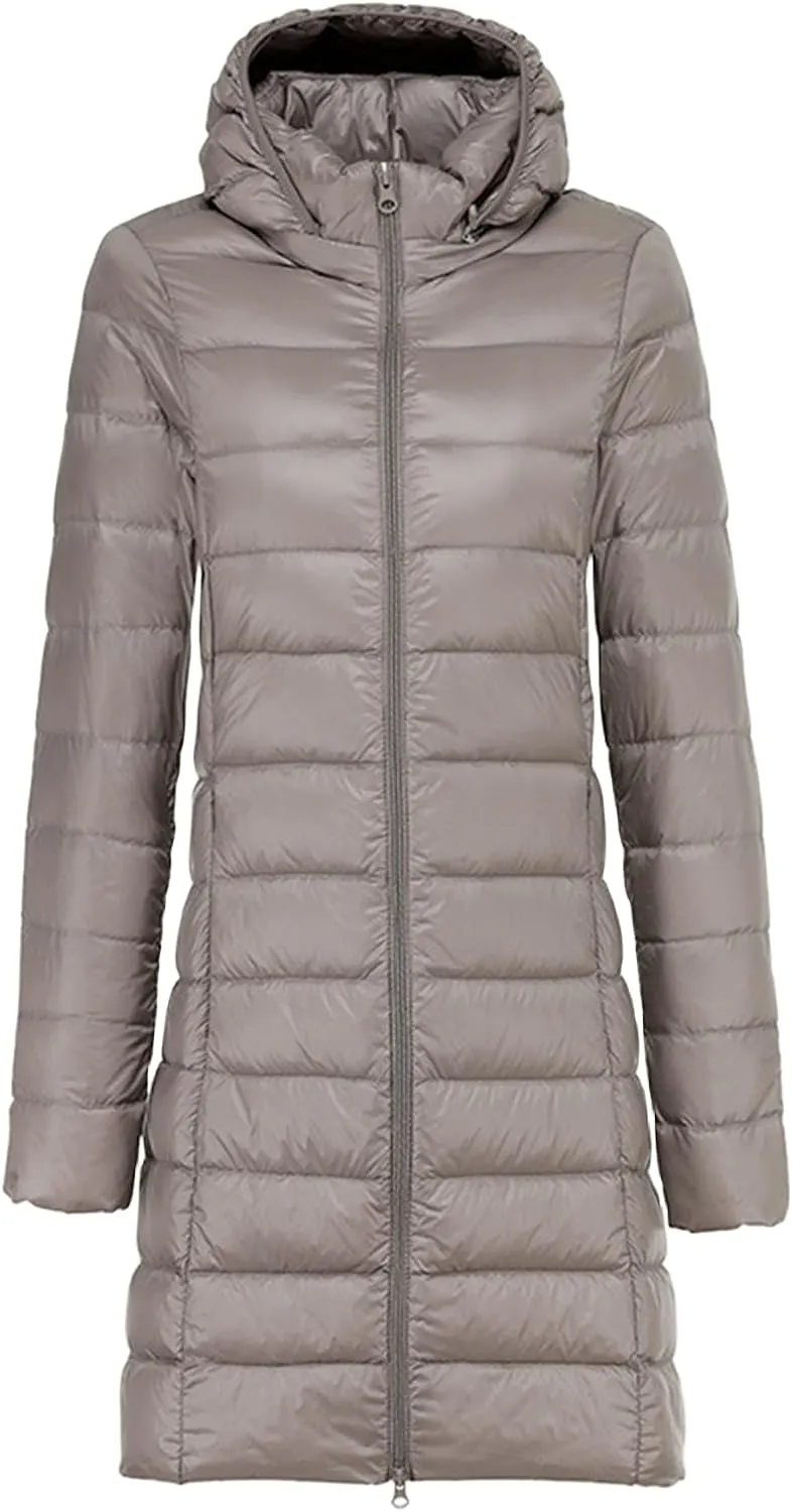 Womens Lightweight Long Puffer Jacket Water-Resistant Winter Coat Packable Hooded Long Padded Down Ccoat Outwear