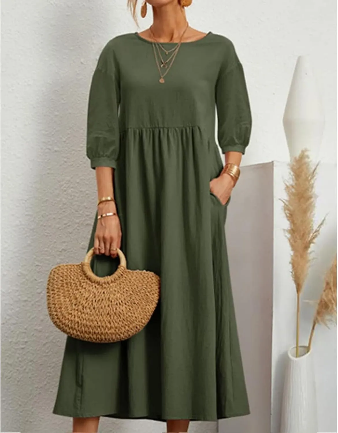 Womens Linen Dresses 3/4 Sleeves Maxi Casual Dress Crew Neck Solid Loose A-line Beach Vacation Dresses with Pockets