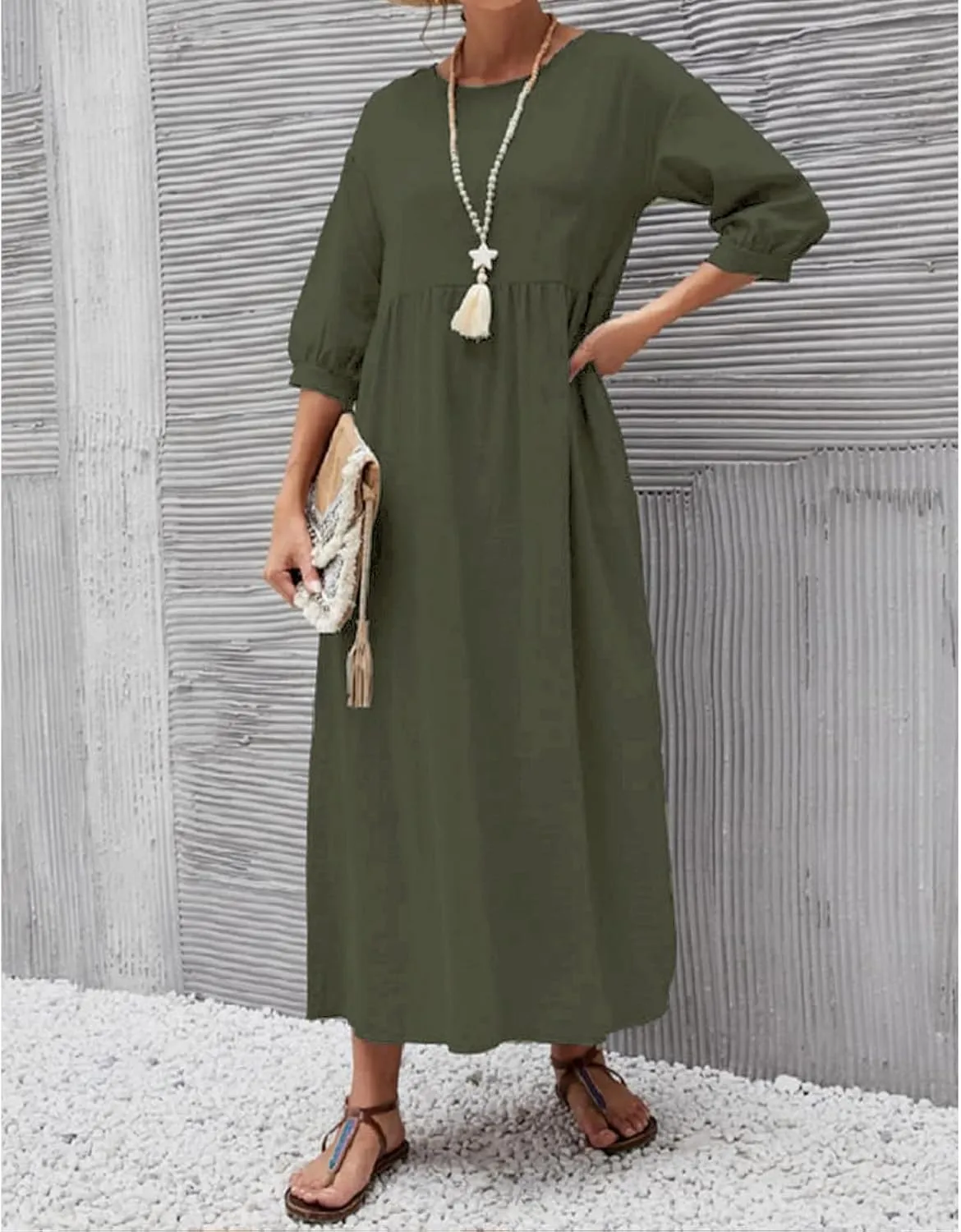 Womens Linen Dresses 3/4 Sleeves Maxi Casual Dress Crew Neck Solid Loose A-line Beach Vacation Dresses with Pockets