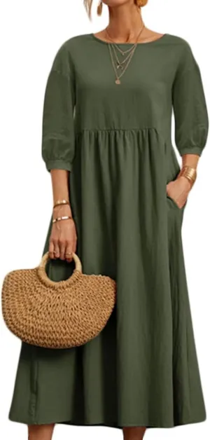 Womens Linen Dresses 3/4 Sleeves Maxi Casual Dress Crew Neck Solid Loose A-line Beach Vacation Dresses with Pockets