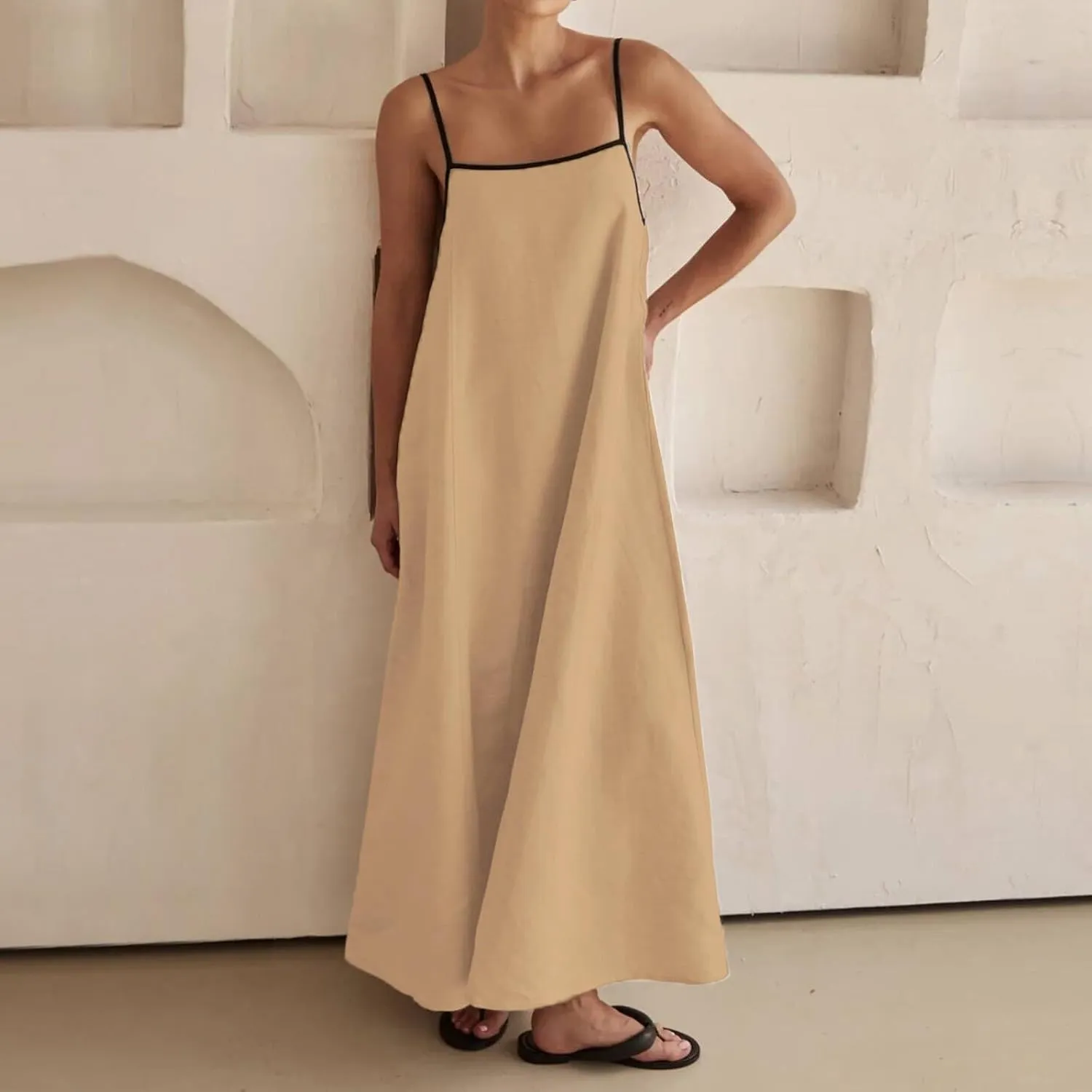 Womens Linen Maxi Dress Contrast Trim Spaghetti Straps Summer Outfits Travel Vacation Sleeveless Long Dresses