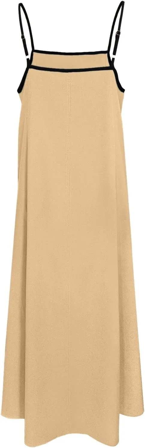 Womens Linen Maxi Dress Contrast Trim Spaghetti Straps Summer Outfits Travel Vacation Sleeveless Long Dresses