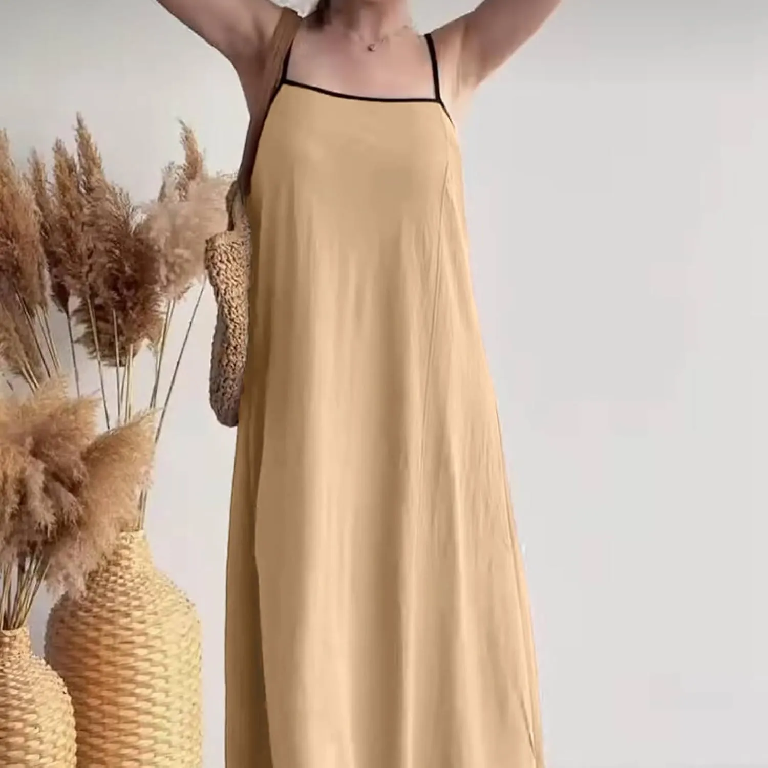 Womens Linen Maxi Dress Contrast Trim Spaghetti Straps Summer Outfits Travel Vacation Sleeveless Long Dresses