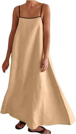 Womens Linen Maxi Dress Contrast Trim Spaghetti Straps Summer Outfits Travel Vacation Sleeveless Long Dresses