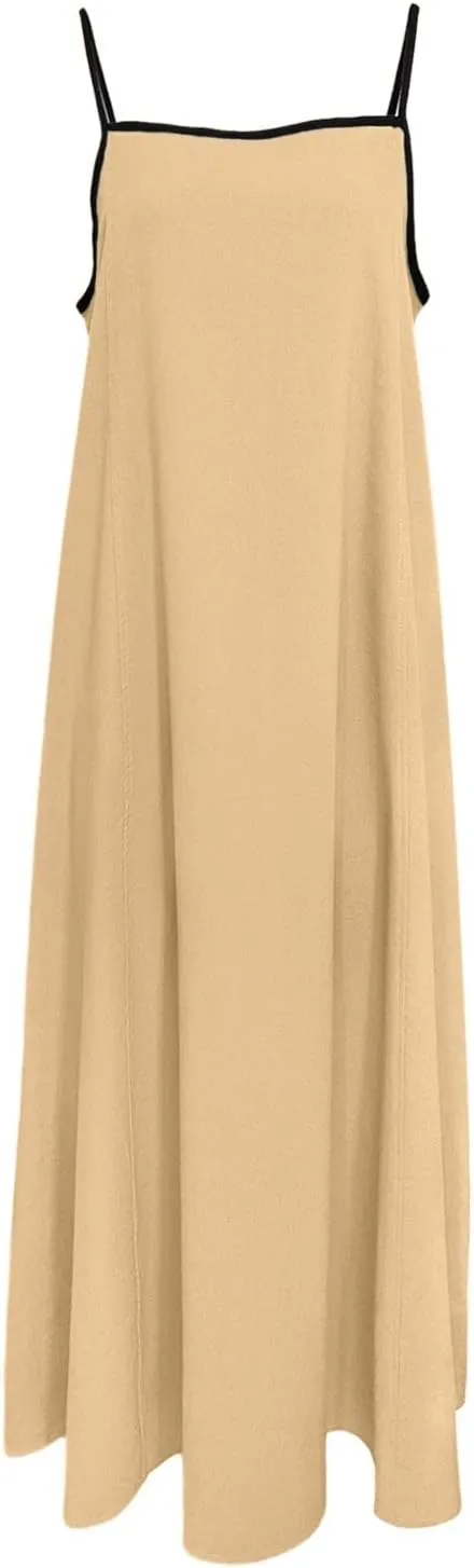Womens Linen Maxi Dress Contrast Trim Spaghetti Straps Summer Outfits Travel Vacation Sleeveless Long Dresses