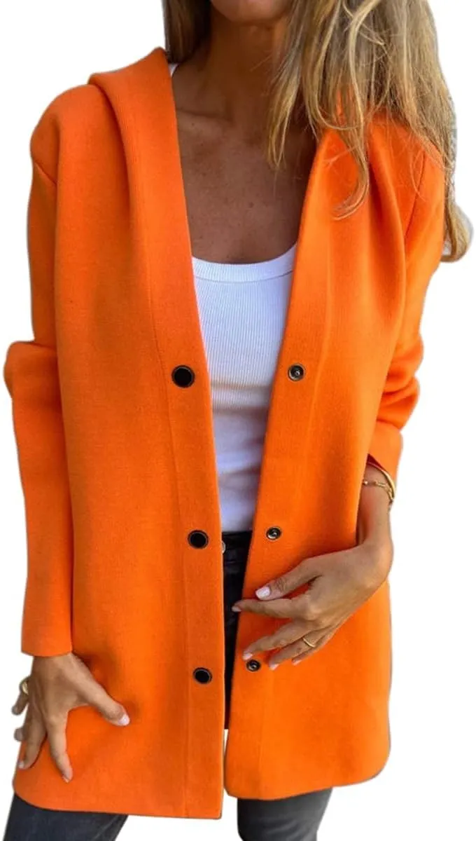 Womens Long Cardigan Casual Single Breasted Hooded Jacket Lapel Neck Long Sleeve Solid Trench Coat for Women 2024