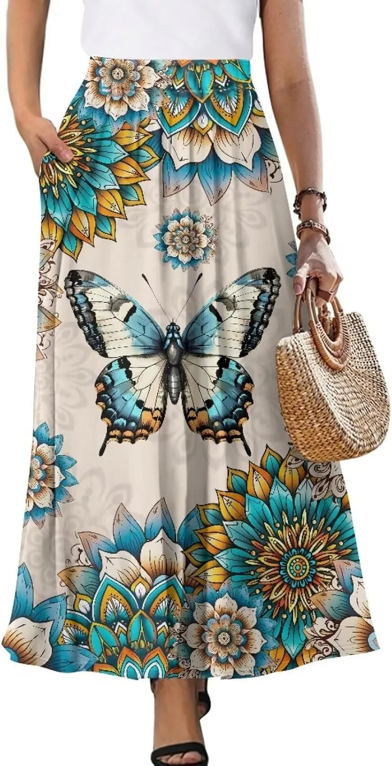 Women's Long Maxi Skirt Pleated High Waist Swing Skirt 2024 Fall Winter Stylish Skirt with Pockets