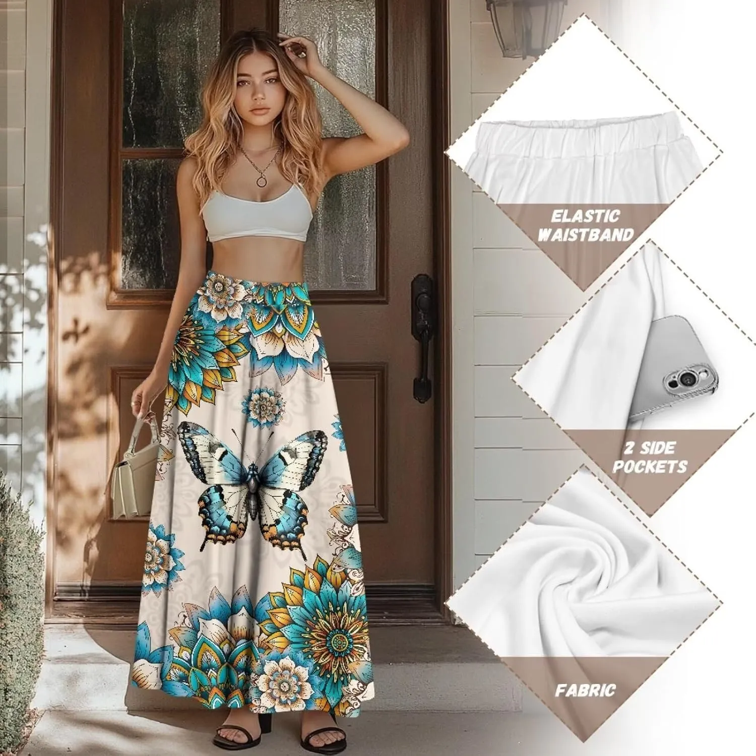 Women's Long Maxi Skirt Pleated High Waist Swing Skirt 2024 Fall Winter Stylish Skirt with Pockets