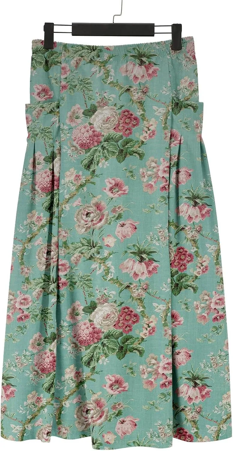 Womens Maxi Linen Skirts Causal Summer Baggy Elastic Waist Beach Skirt Boho Floral Print Long Skirts with Pockets