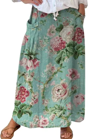 Womens Maxi Linen Skirts Causal Summer Baggy Elastic Waist Beach Skirt Boho Floral Print Long Skirts with Pockets