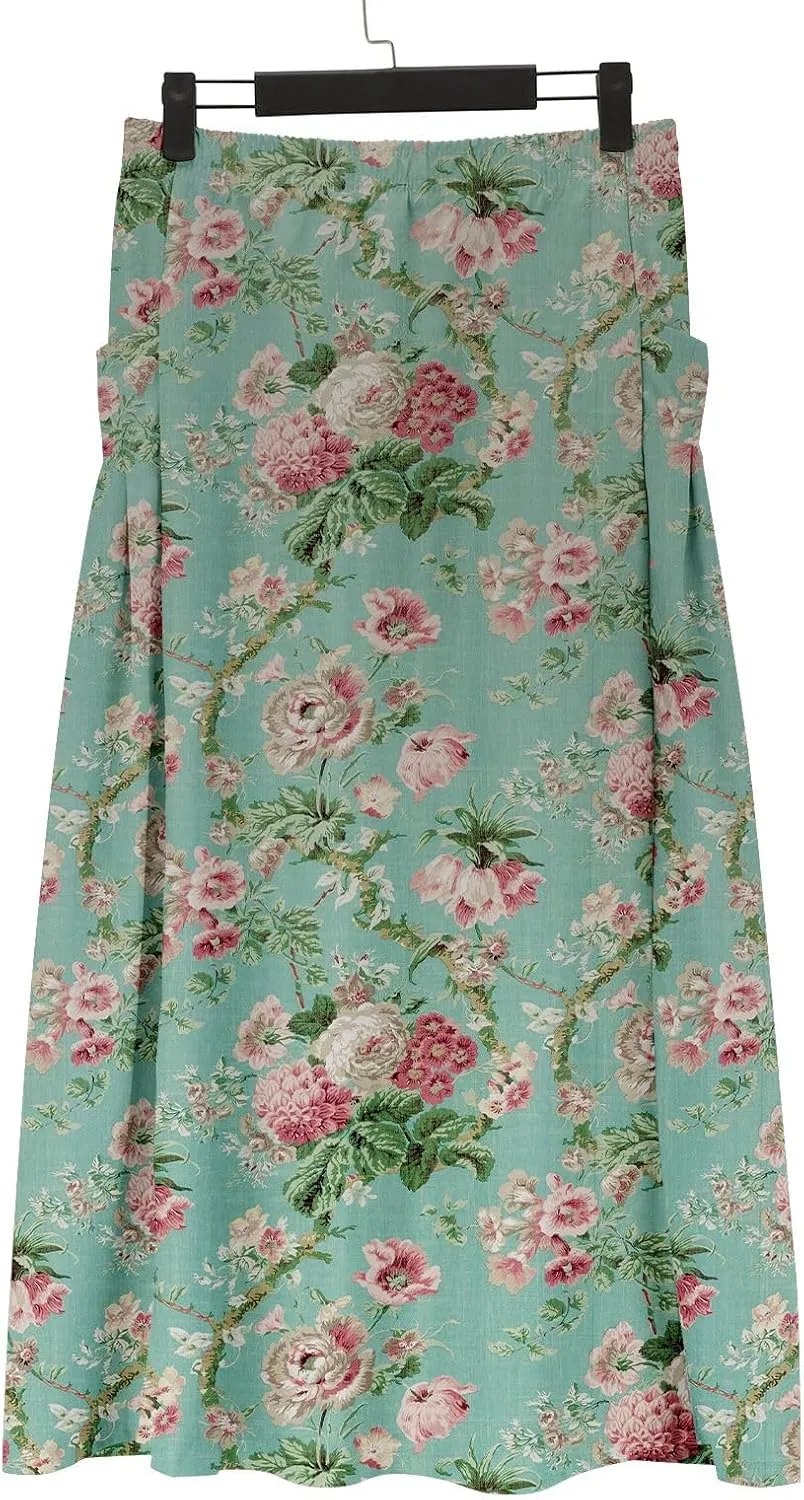 Womens Maxi Linen Skirts Causal Summer Baggy Elastic Waist Beach Skirt Boho Floral Print Long Skirts with Pockets