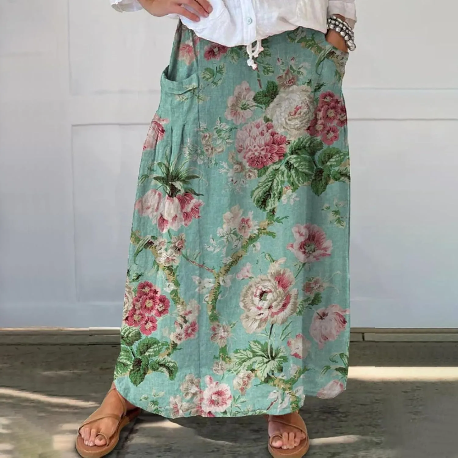 Womens Maxi Linen Skirts Causal Summer Baggy Elastic Waist Beach Skirt Boho Floral Print Long Skirts with Pockets
