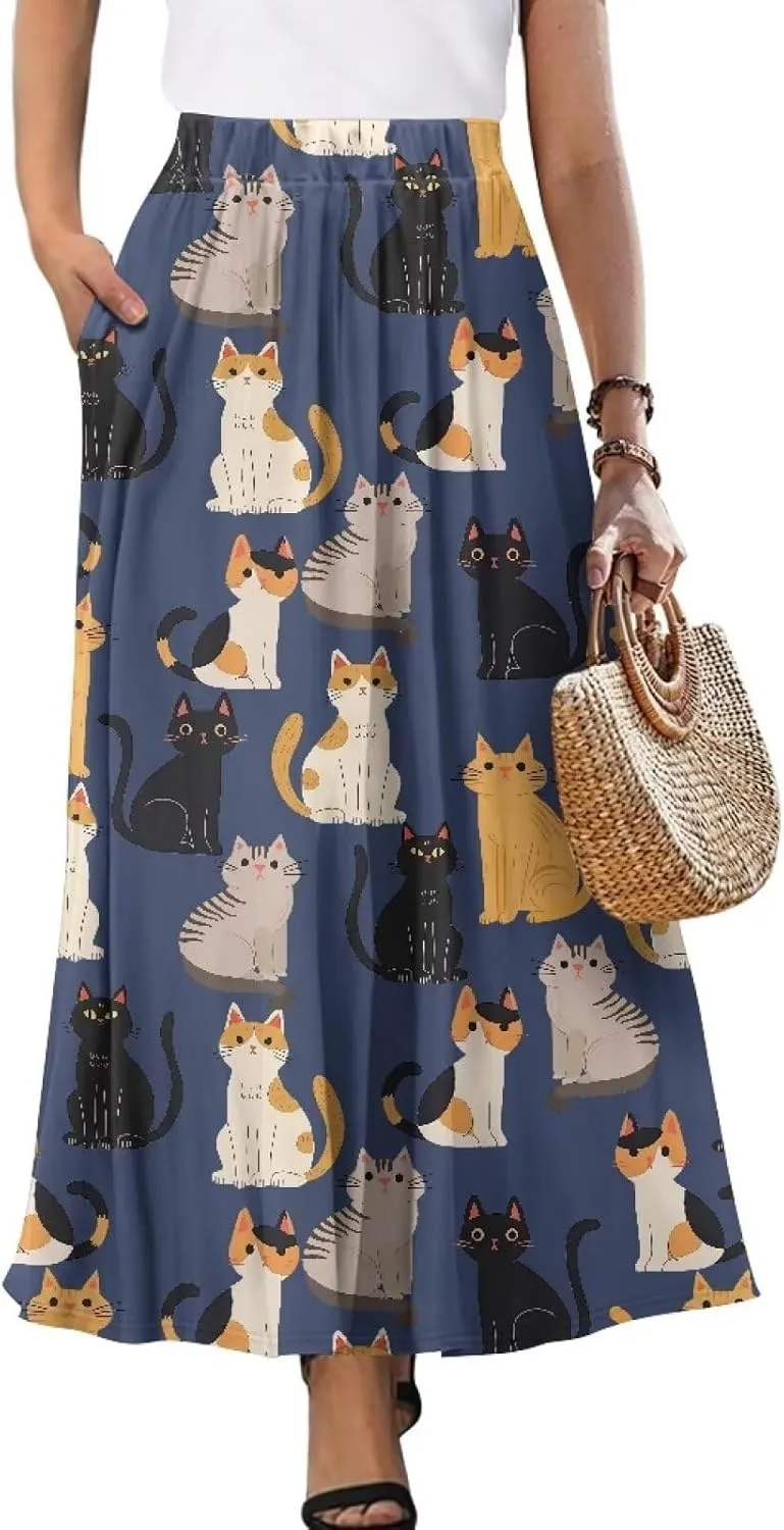 Womens Maxi Skirt Casual Pleated High Waisted Long Skirts with Pockets Flowy Swing Skirt Size S-XXL