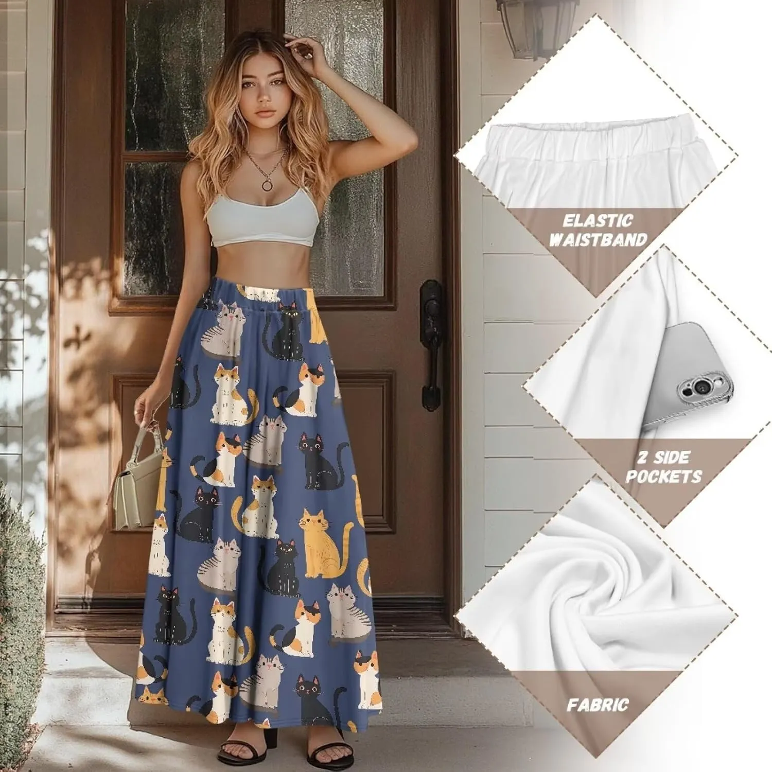 Womens Maxi Skirt Casual Pleated High Waisted Long Skirts with Pockets Flowy Swing Skirt Size S-XXL