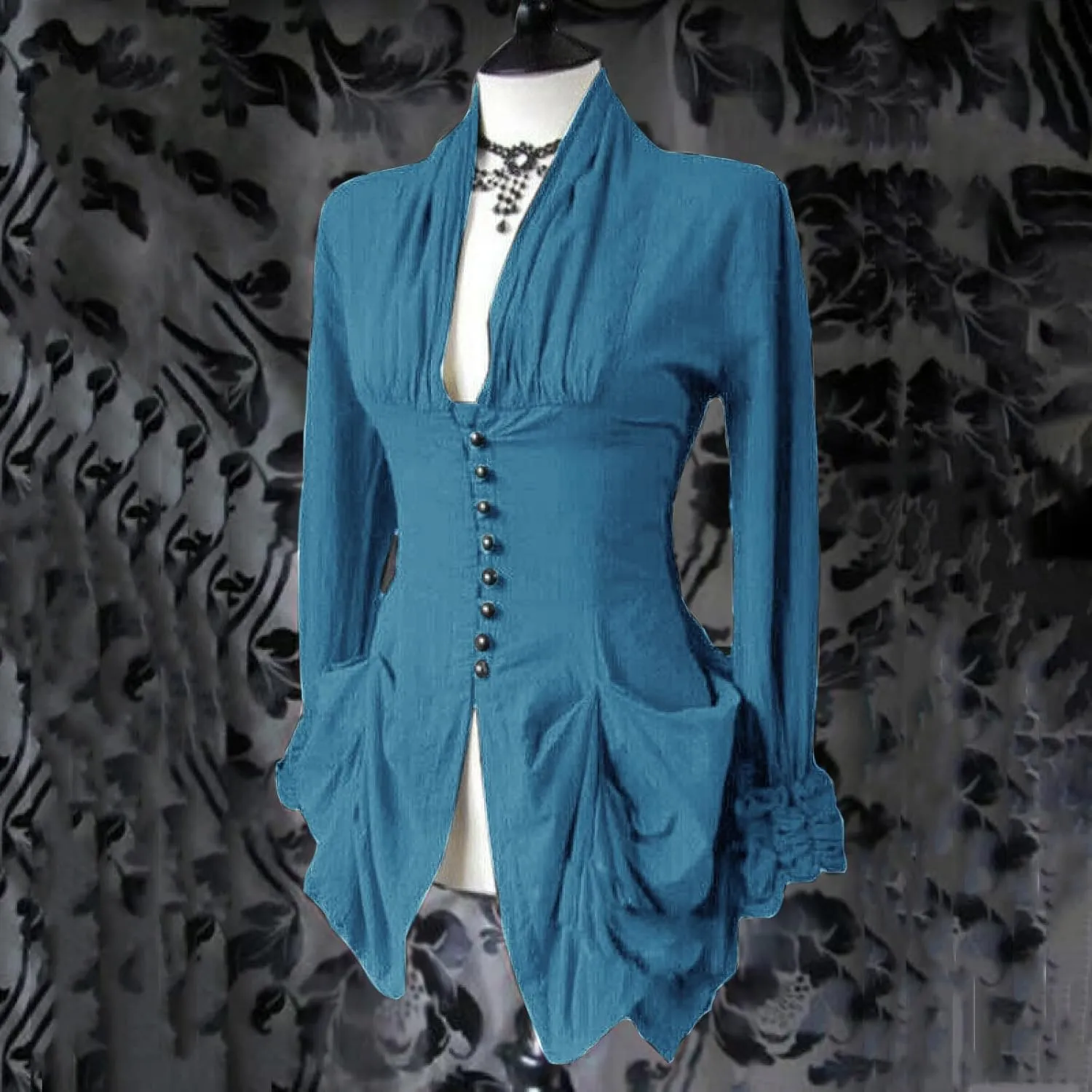 Womens Medieval Shirt Low Cut Retro Lace Trim Victorian Shirts Steampunk Gothic Irregular Hem Corset Outerwear Tops