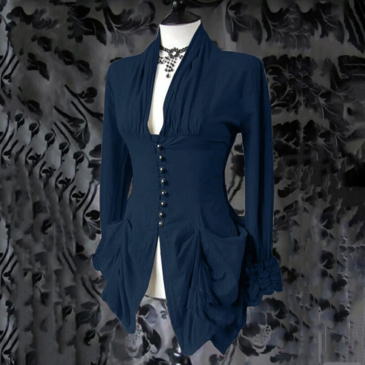 Womens Medieval Shirt Low Cut Retro Lace Trim Victorian Shirts Steampunk Gothic Irregular Hem Corset Outerwear Tops
