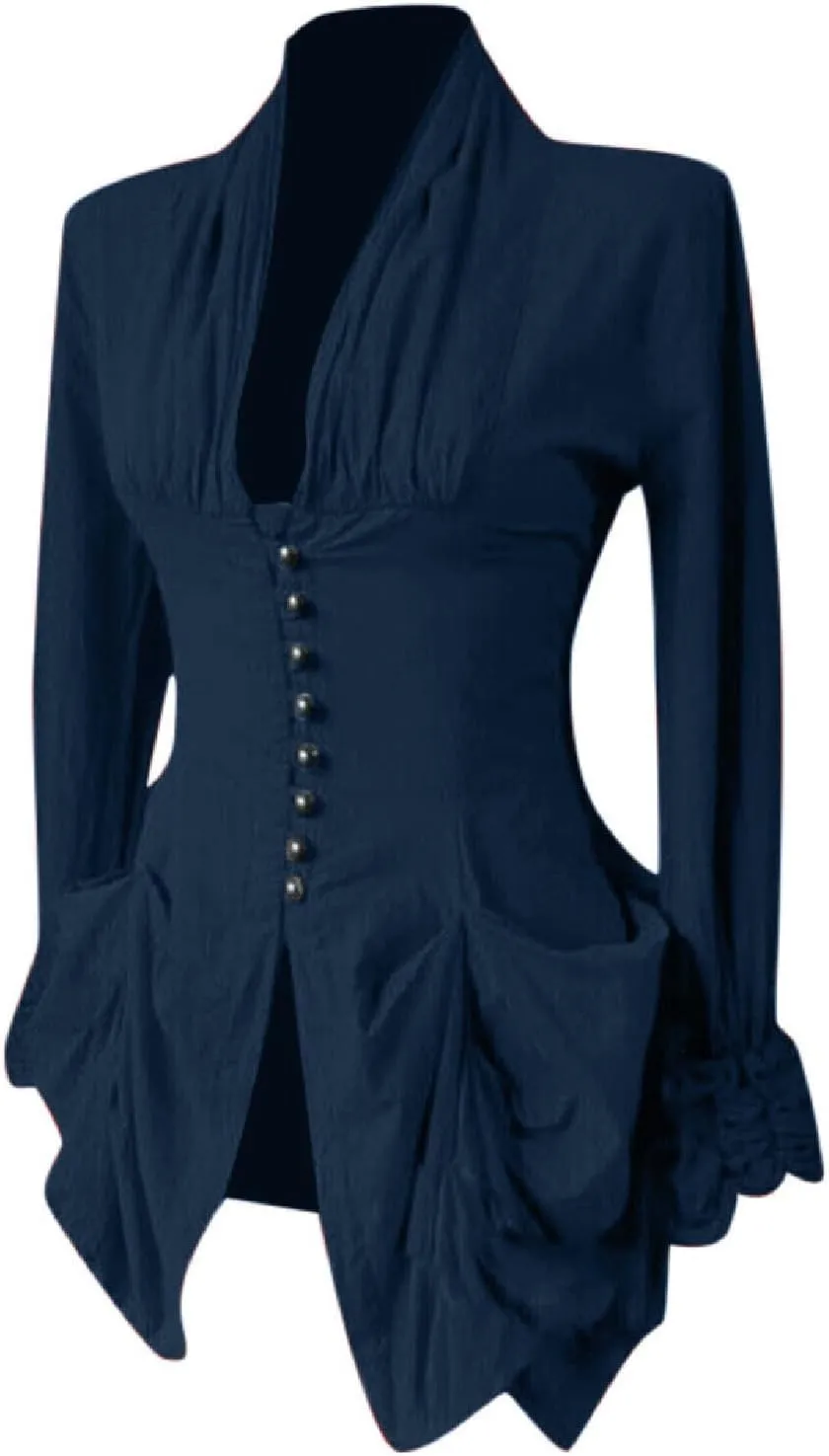 Womens Medieval Shirt Low Cut Retro Lace Trim Victorian Shirts Steampunk Gothic Irregular Hem Corset Outerwear Tops