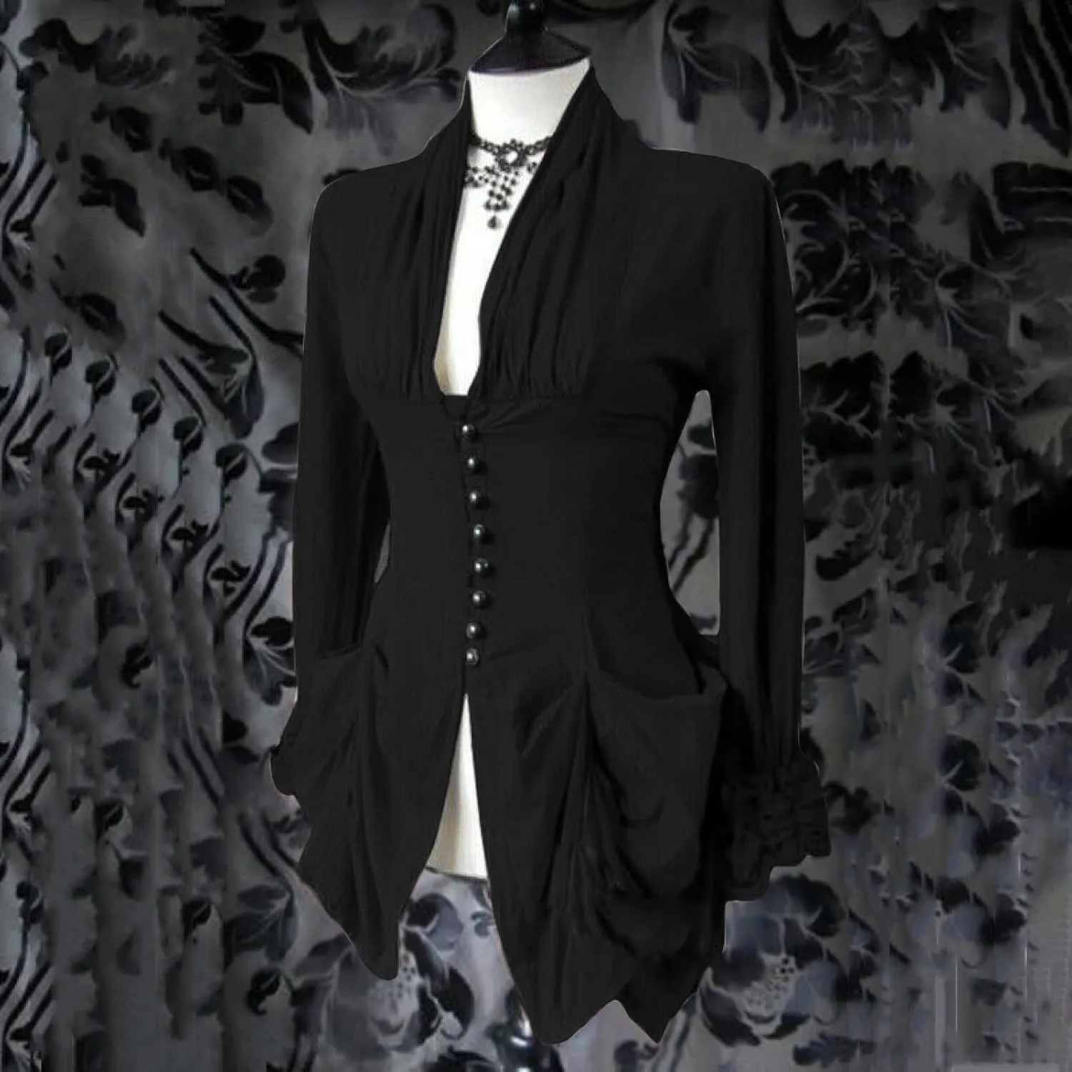 Womens Medieval Shirt Low Cut Retro Lace Trim Victorian Shirts Steampunk Gothic Irregular Hem Corset Outerwear Tops