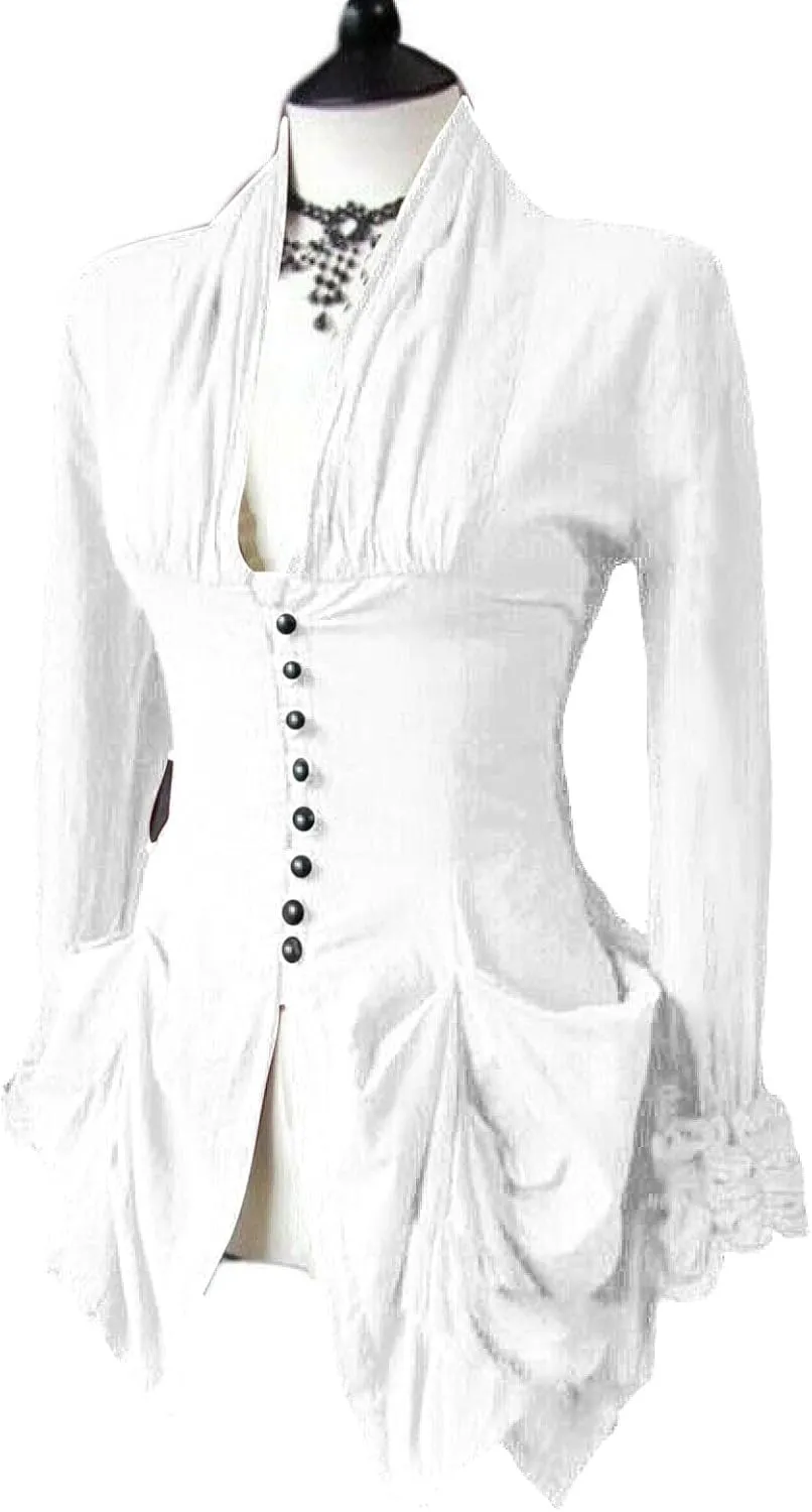 Womens Medieval Shirt Low Cut Retro Lace Trim Victorian Shirts Steampunk Gothic Irregular Hem Corset Outerwear Tops