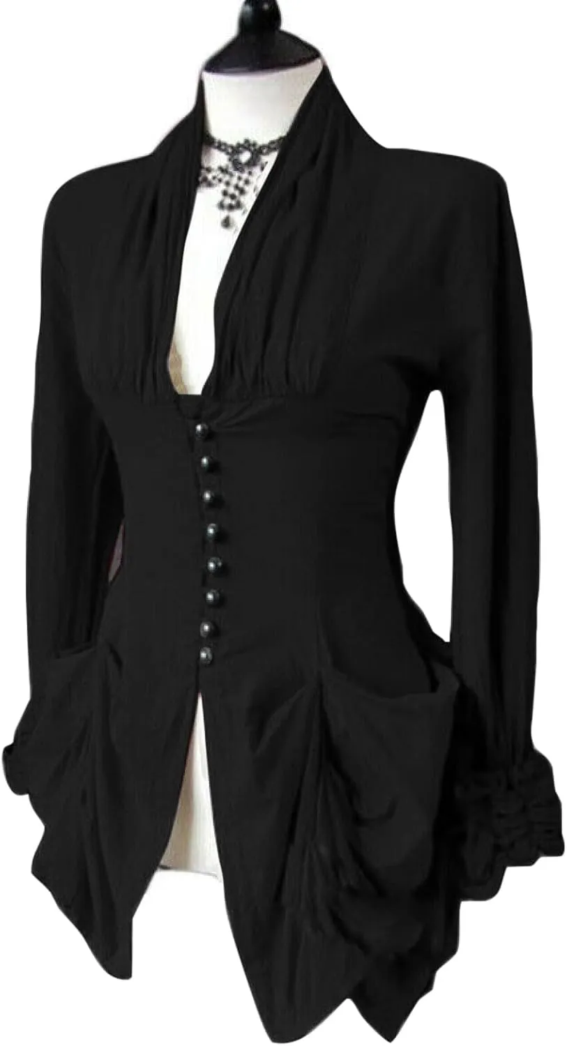 Womens Medieval Shirt Low Cut Retro Lace Trim Victorian Shirts Steampunk Gothic Irregular Hem Corset Outerwear Tops
