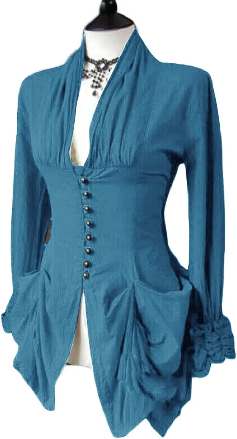 Womens Medieval Shirt Low Cut Retro Lace Trim Victorian Shirts Steampunk Gothic Irregular Hem Corset Outerwear Tops
