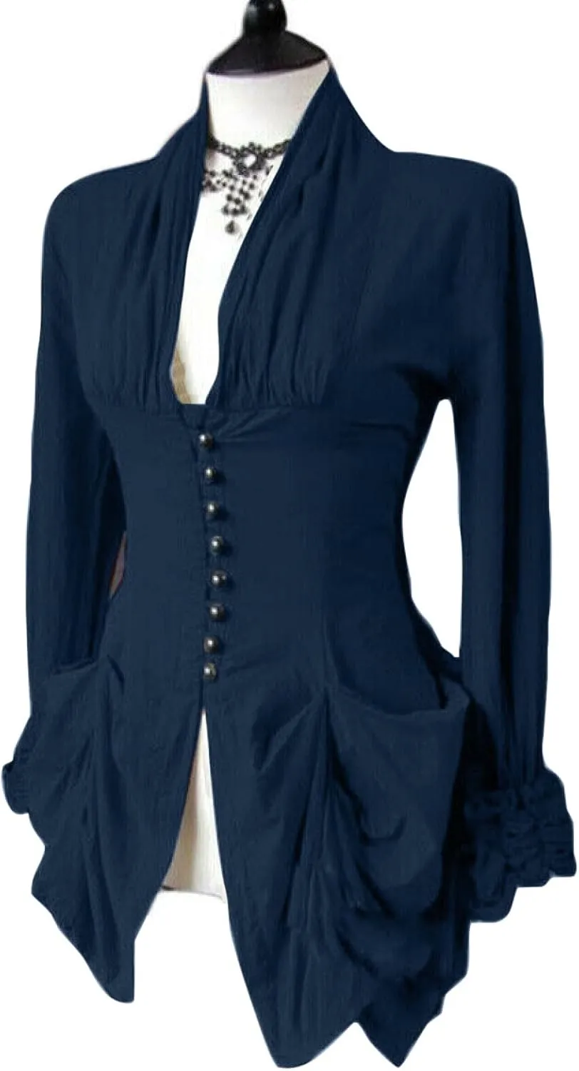 Womens Medieval Shirt Low Cut Retro Lace Trim Victorian Shirts Steampunk Gothic Irregular Hem Corset Outerwear Tops